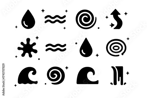 Water Flow Icons. Water flow. Solid icons set of water flow: droplet, stream wave, spiral ripple, flowing arrow, splash star, current wave, dripping water,
