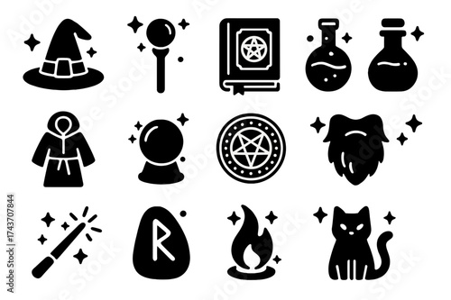 Wizards Icon Set. Wizards. Solid icons set of Wizards: wizard hat, staff, spellbook, potion, robe, crystal ball, magic circle, beard, wand, rune stone,