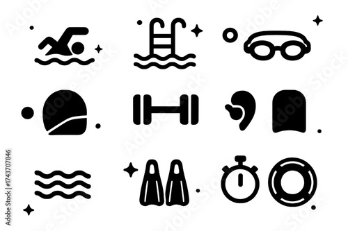 Aquatic Fitness Icons. Aquatic Fitness. Solid icons set of Aquatic Fitness: swimming figure, pool ladder, float ring, goggles, swim cap, water dumbbell,