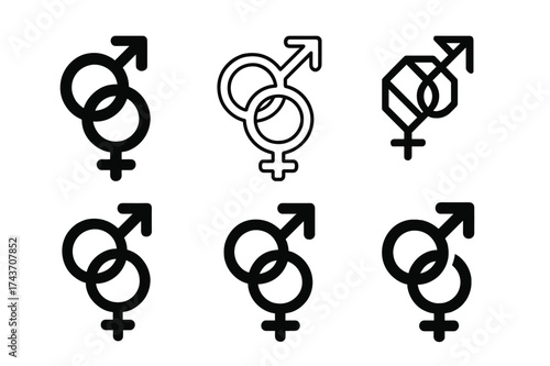 Gender Symbol Logos. Reproductive health. Set Logo of gender symbols: interconnected male and female signs. harmonious logo variations of the same emblematic