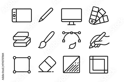 Digital Art Tools Icons. Digital art and illustration. Line icon set of Digital art and illustration: graphics tablet, stylus pen, computer monitor, color