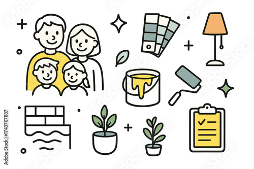 Family Color Choice. Final Decision. Hand-drawn doodle illustration family (colored), smiling faces, swatch card (colored), paint bucket, roller (colored),