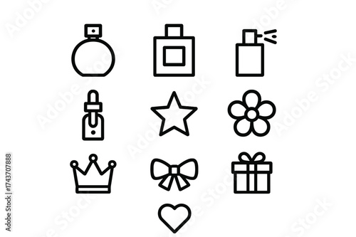 Elegant Perfume Icon Set. Perfume collection. Line icon set of perfume collection: round perfume bottle, square perfume bottle, spray nozzle, dropper bottle,