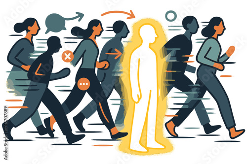 Isolated Glowing Figure. Lonely figure. A glowing person standing apart, abstract floating shapes and motion lines representing a busy crowd moving past in