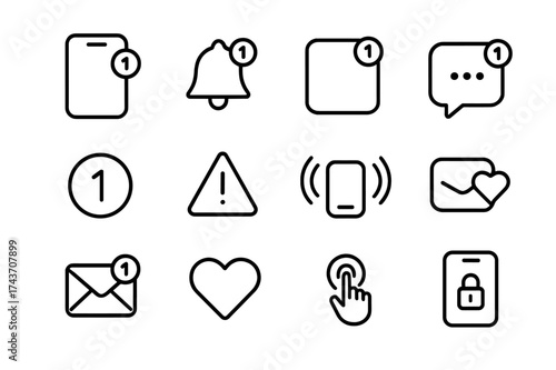 App Notification Icons. App notifications. Line icon set of App notifications: smartphone, notification bell, app icon, message bubble, badge, alert,