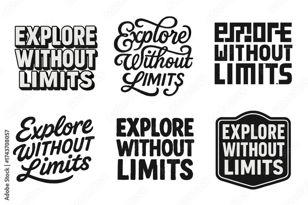 Fototapeta premium Diverse Lettering Grid. Explore Without Limits. Set lettering. harmonious lettering variations of the same emblematic concept, each with different artistic