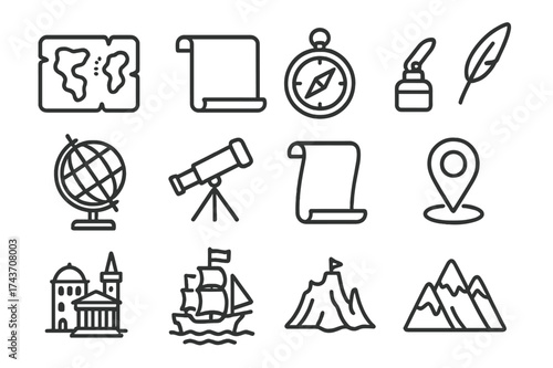 Historical Map Icons. Historical cartography. Line icon set of Historical cartography: old map, scroll, compass, quill, ink bottle, globe, telescope,