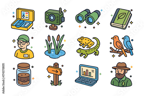Eco Research Icons. Eco research. Colorful isometric vector icons set of eco research: water testing kit, wildlife camera, observation binoculars, field
