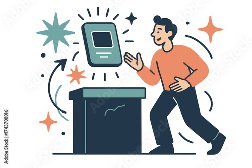 Innovative Product Showcase. Product demo. A glowing digital product floats above a virtual booth while a figure gestures toward it. Abstract spark icons