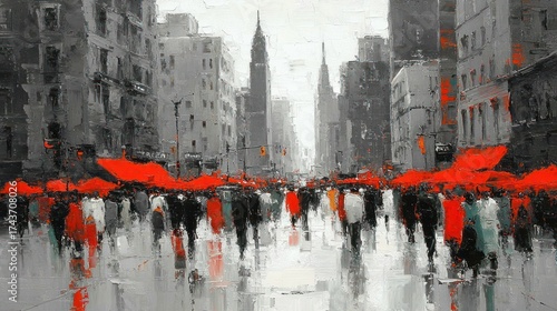 Urban street scene people walking amidst city buildings and bright red elements