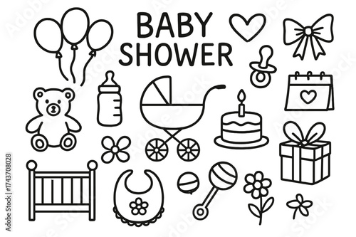 Baby Shower Doodle. Baby shower. Hand-drawn doodle illustration baby shower balloons, heart, bow, teddy bear, bottle, pacifier, stroller, crib, rattle, bib,