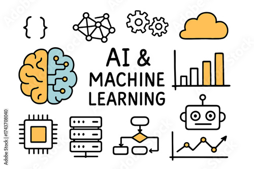 AI Doodle Circuitry. AI & Machine Learning. Hand-drawn doodle illustration brain with circuits (colored), neural network diagram, chip (colored), gears, cloud