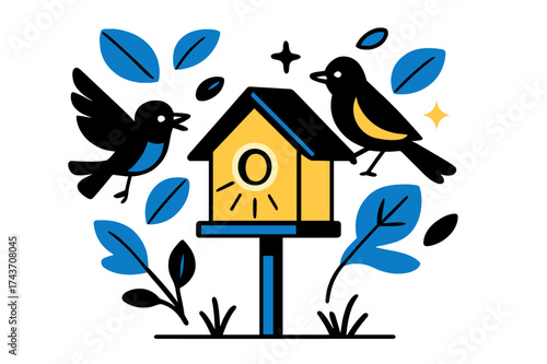 Glowing Birdhouse Harmony. Outdoor setup. A glowing birdhouse mounted on a wooden pole in a garden, abstract floating leaves, birds, and stars