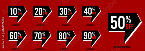 10%off, 20%off, 30%off, 40%off, 50%off, 60%off, 70%off, 80%off, 90%off, ten twenty thirty forty fifty sixty seventy eighty ninety percent off, currency, tariff, money, dollar, business, finance, set.