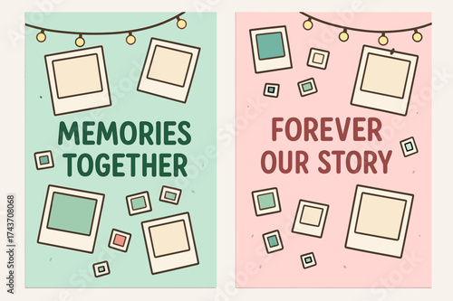Memories and Stories Banners. Memory Lane. Two vertical A6 banners, cartoon, pastel mint and pink backgrounds, scattered polaroids and string lights, first