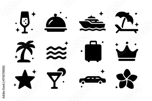 Luxury Travel Icons. Luxury travel. Solid icons set of Luxury travel: champagne glass, cloche, yacht, sun lounger, palm tree, waves, suitcase, crown, star,