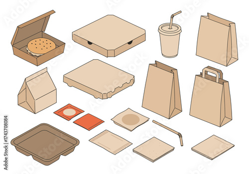 Isometric food packaging burger box, pizza box, drinks and bags