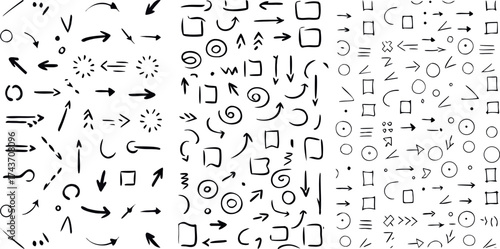 Whimsical collection of hand drawn arrows and shapes hinting at journeys and discoveries on clean white backgrounds.