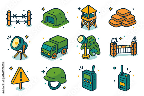 Combat Outpost Icons. Combat Outpost. Colorful isometric vector icons set of combat outpost: barbed wire, bunker, sandbags, guard tower, spotlight, truck,