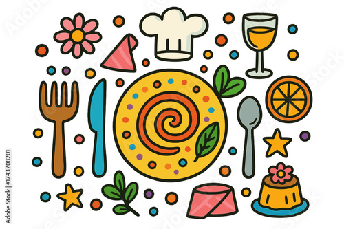 Whimsical Culinary Doodles. Artistic Food. Colorful Hand-drawn doodle Children illustration plate, sauce swirl, dots, garnish leaf, flower, fork, knife, spoon,