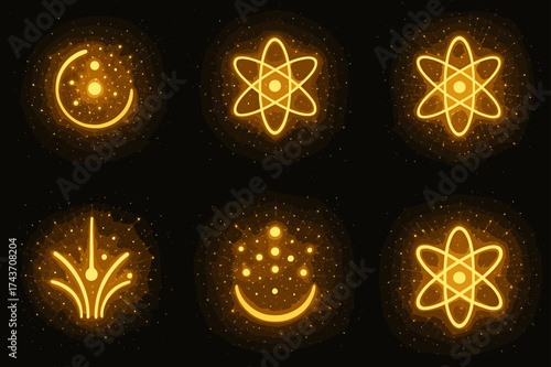 Glowing Particle Logos. Light particles bursting from a source. Set Logo of Science: glowing particles icon. harmonious logo variations of the same emblematic