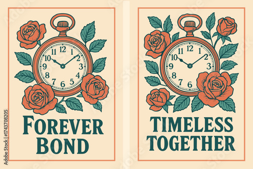 Vintage Forever Bond Banners. Togetherness. Two vertical A6 banners with safe margins, centered composition, no elements touching edges, retro style, coral and