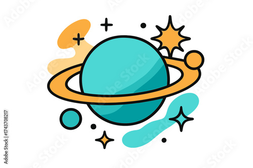 Cosmic Rings and Moons. Orbiting World. A glowing planet with rings and small moons floating around, abstract spark and star icons symbolizing cosmic beauty.