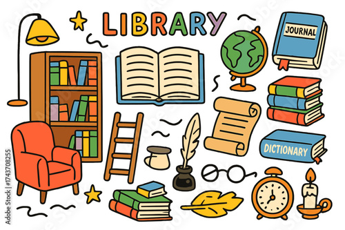 Colorful Library Doodles. Library. Colorful Hand-drawn doodle Children illustration Library bookshelf, open book, scroll, globe, ladder, lamp, journal, reading