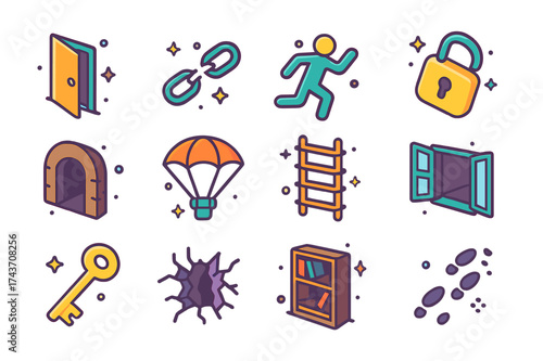 Escape Icons Collection. Escape. Colorful isometric vector icons set of escape: open door, broken chain, running figure, unlocked padlock, secret tunnel,