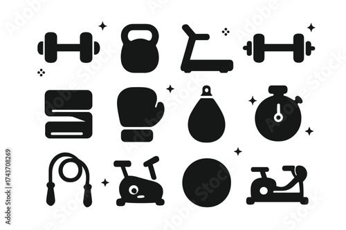 Athlete Gear Icons. Athlete training gear. Solid icons set of dumbbell, kettlebell, treadmill, barbell, resistance band, boxing glove, punching bag, stopwatch,