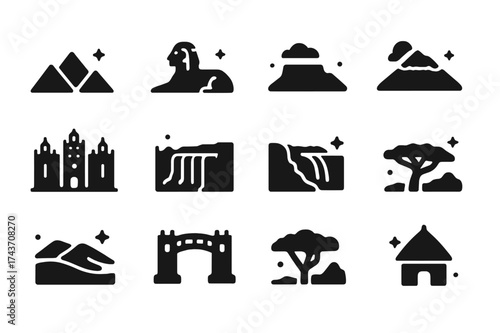 African Landmarks Icons. African landmarks. Solid icons set of African landmarks: Pyramids of Giza, Sphinx, Table Mountain, Kilimanjaro, Great Mosque of