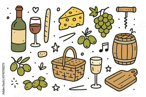Wine And Cheese Doodle. Wine & Cheese. Hand-drawn doodle illustration wine bottle (colored), glass, cheese wedge (colored), grapes, olives (colored),