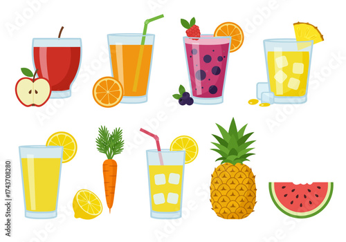 Colorful Array of Freshly Squeezed Fruit and Vegetable Juices in Cartoon Style