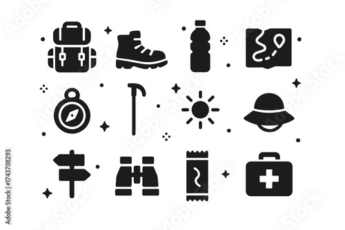 Hiking Essentials Icons. Hiking essentials. Solid icons set of Hiking essentials: backpack, hiking boots, water bottle, map, compass, walking stick, sun, hat,