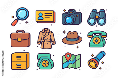 Private Investigator Icons. Private Investigator. Colorful isometric vector icons set of private investigator: magnifying glass, business card, camera,