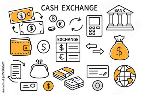 Cash Exchange Doodles. Cash Exchange. Hand-drawn doodle illustration cash exchange currency notes (accented), coins, wallet (accented), ATM, bank building,