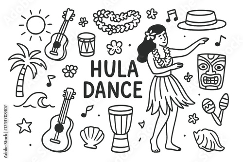 Hula Dance Doodles. Hula Dance. Hand-drawn doodle illustration of Hula Dance. Ukulele, dancer with skirt,
