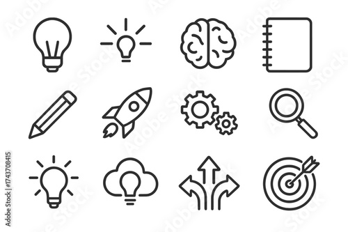 Idea Icon Set. Idea Generation. Line icon set of Idea Generation: light bulb, spark, brain, notebook, pencil, rocket, gears, magnifying glass, bulb with rays,