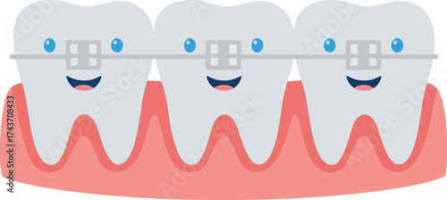 Cartoon teeth with braces dental care orthodontics illustration