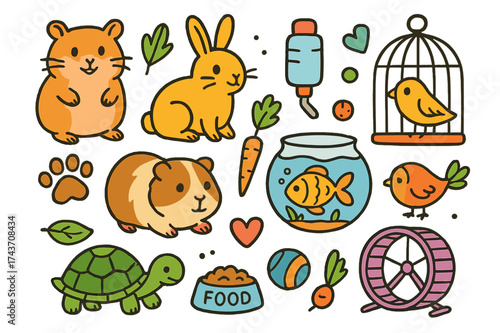 Colorful Pet Doodles. Small pets. Colorful Hand-drawn doodle Children illustration Small pets hamster, rabbit, guinea pig, turtle, fish bowl, bird, cage, food