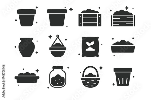 Garden Containers Icons. Home soil containers. Solid icons set of clay pot, plastic pot, raised bed, wooden box, ceramic pot, hanging pot, soil sack, garden