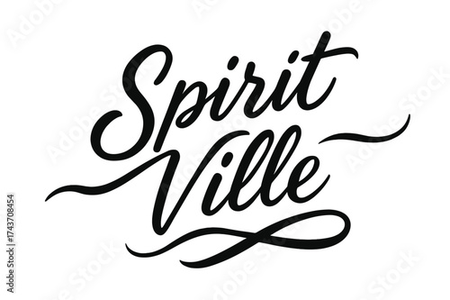 Spirit Ville Lettering. Spirit Ville ? Script Hand-Lettering, flowing brush-style cursive with smooth connectors, arched layout, sweeping tails resembling