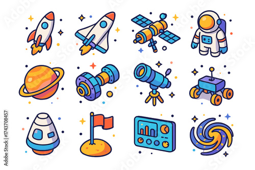 Cosmic Travel Icons. Cosmic Travel. Colorful isometric vector icons set of cosmic travel: rocket, space shuttle, orbital station, astronaut, planet, docking