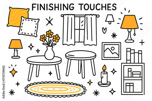 Cozy Home Decor. Finishing Touches. Hand-drawn doodle illustration cushions (colored), curtains, lamp (colored), vase with flowers, rug (colored), bookshelf,