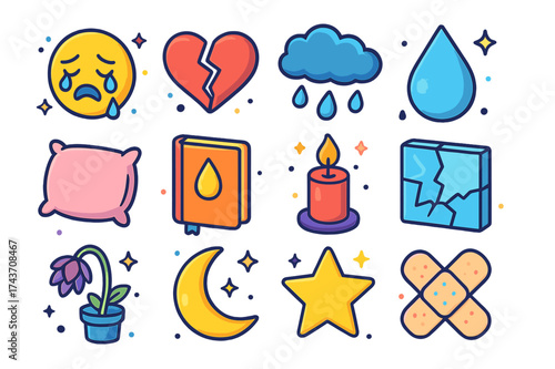 Sadness Icon Set. Sadness. Colorful isometric vector icons set of sadness: crying face, broken heart, rain cloud, teardrop, pillow, diary, candle, shattered