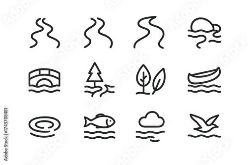 River Icon Set. Rivers. Line outline icon set of rivers: river, stream, bend, stone, bridge, tree, leaf, canoe
