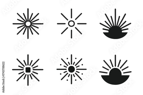 Science Logo Variations. Light particles bursting from a source. Set Logo of Science: light rays icon. harmonious logo variations of the same emblematic