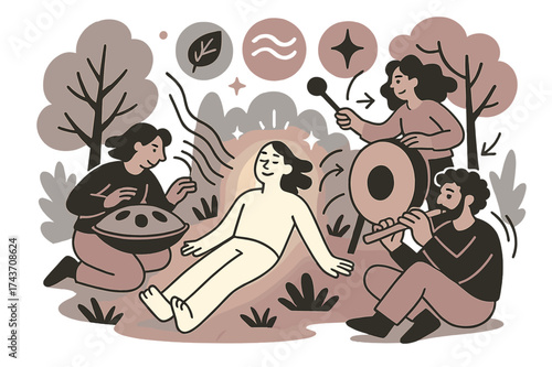 Nature Sound Immersion. Nature sound bath. Person glowing as they lie in forest while instruments create flowing tones. Floating icons of leaf, wave, and