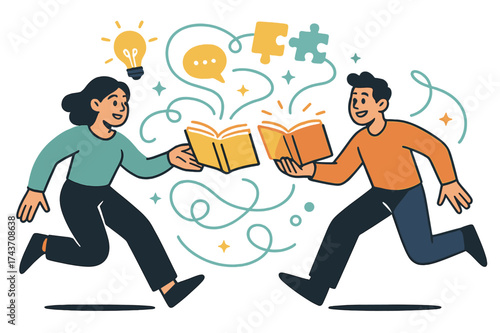 Knowledge Sharing Vectors. Sharing knowledge. Glowing books floating from one person to another, abstract light lines and icons representing ideas