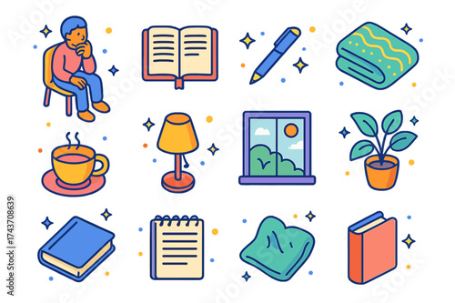 Introspection Icons Set. Introspection. Colorful isometric vector icons set of introspection: person seated, hand on chin, thoughtful expression, journal, pen,